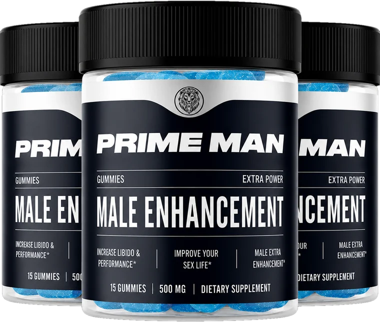Prime Man Gummies bottle showing 15 gummies, 500 mg and dietary supplement label